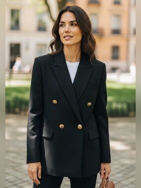 80s CANDA LINEN BLACK DOUBLE BREASTED BLAZER W BRASS CREST BUTTONS TIMELESS SZ 8